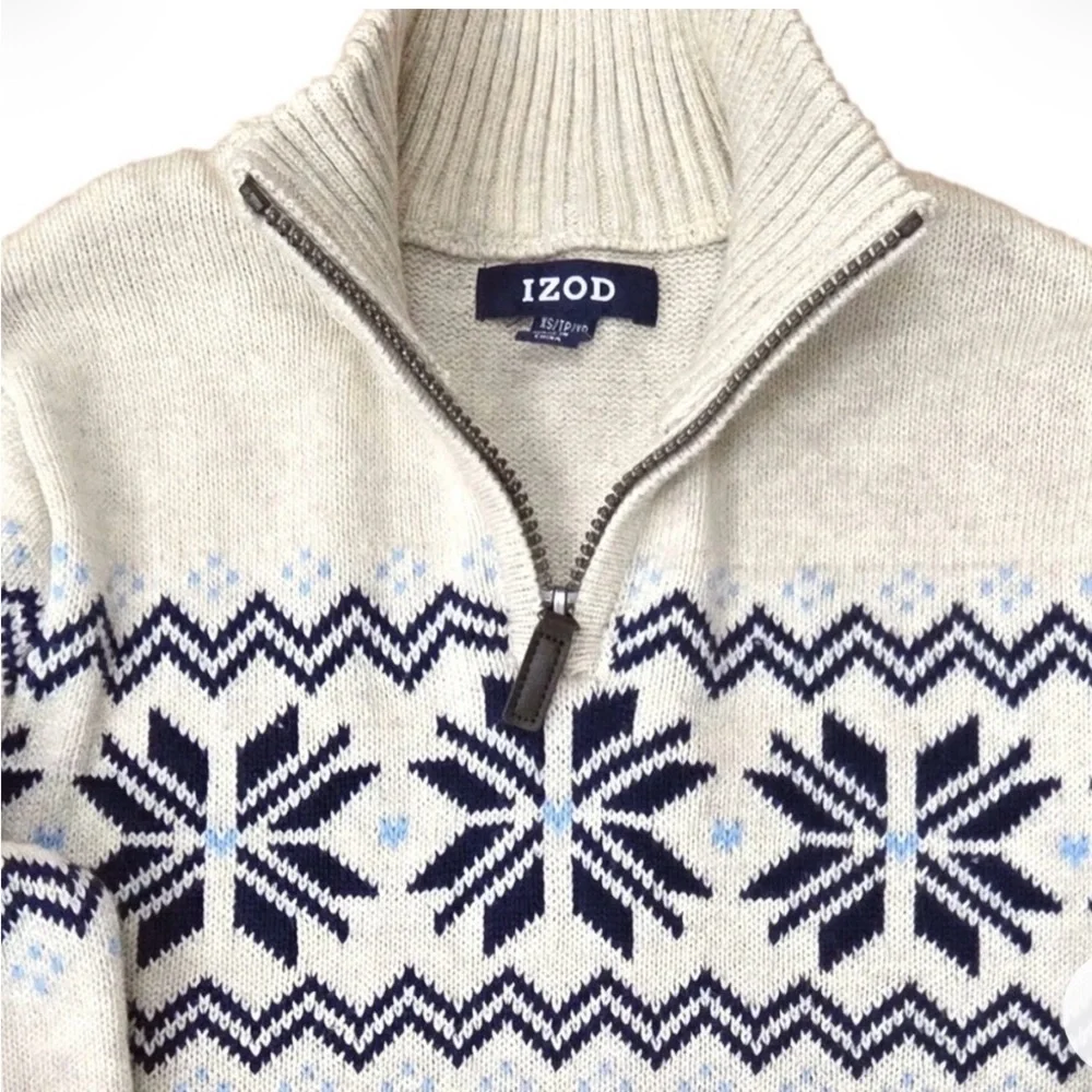 Izod Cream Fair Isle Zip Mock Neck Sweater with Navy Accents B13 - Picture 2 of 3